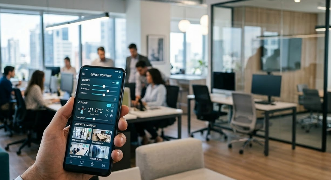 Oficina moderna con luz natural y control inteligente