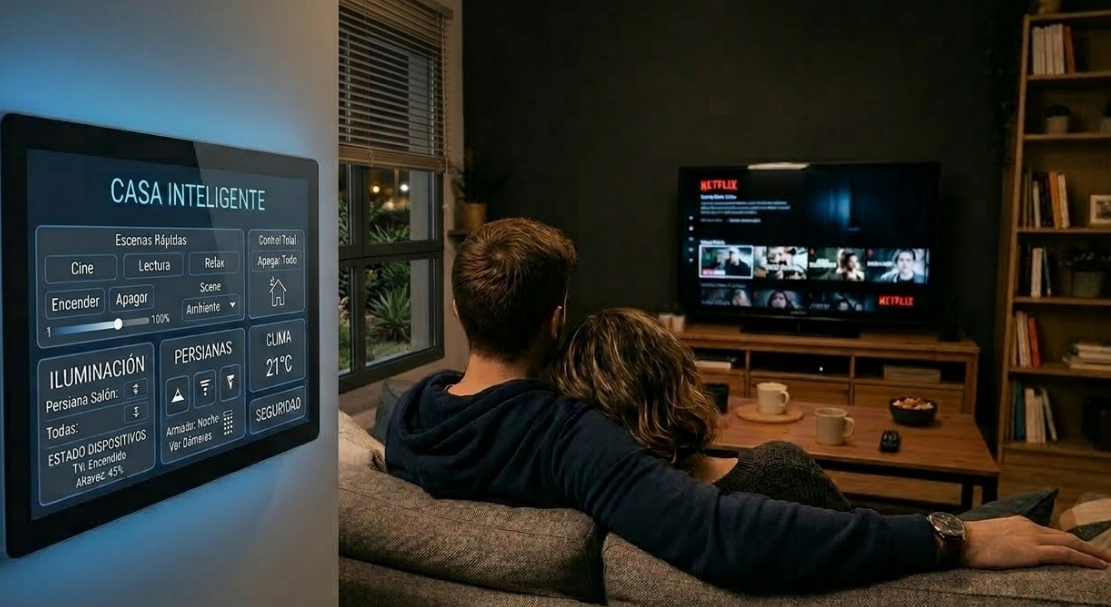 Salón moderno con iluminación domótica